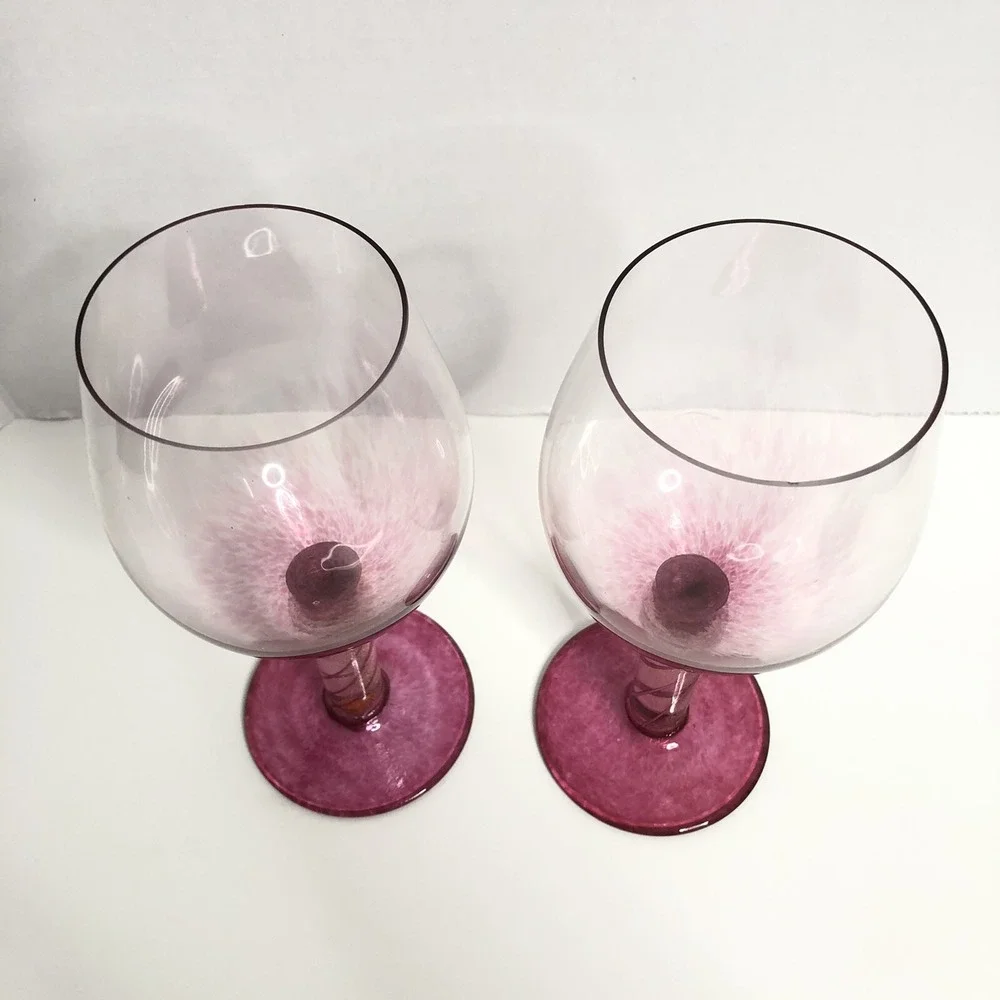 Glass Eye Studio Wine Glasses Goblets Pink Glitter Swirl Design Seattle Set of 2